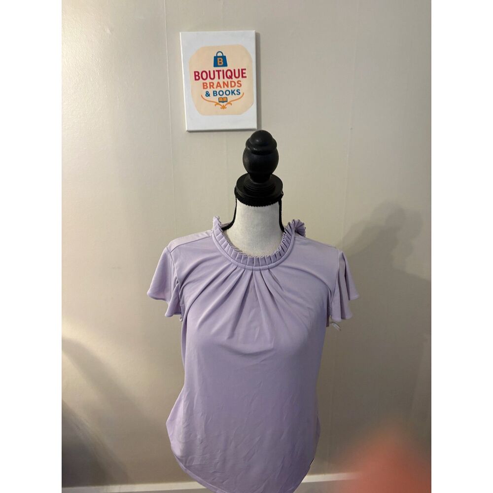 Calvin Klein Women's Small Lavender Pleated Ruffle Neck Flutter Sleeve Blouse